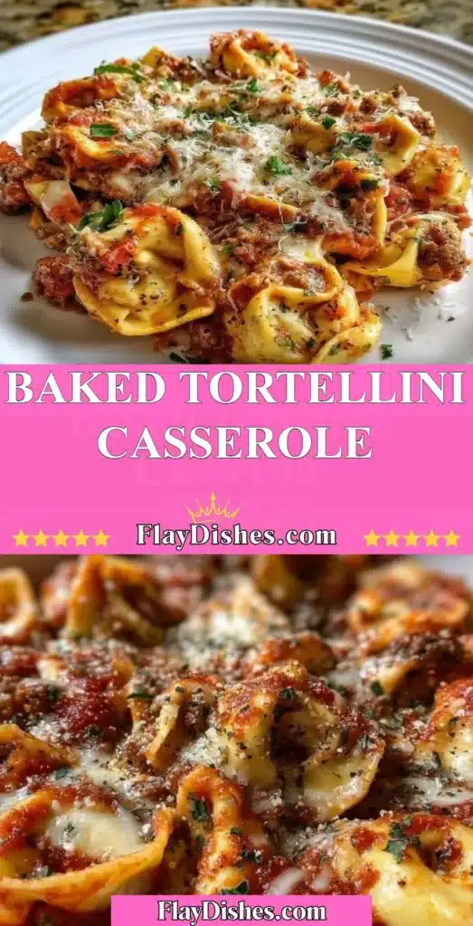 Baked tortellini casserole in a dish, topped with cheese and herbs
