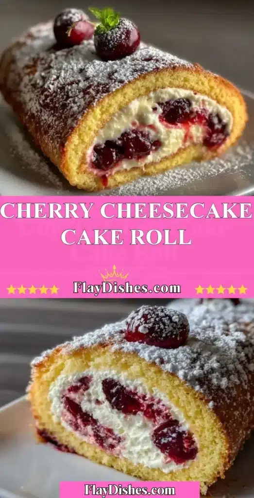 Sliced Cherry Cheesecake Cake Roll with a creamy filling and cherry toppings