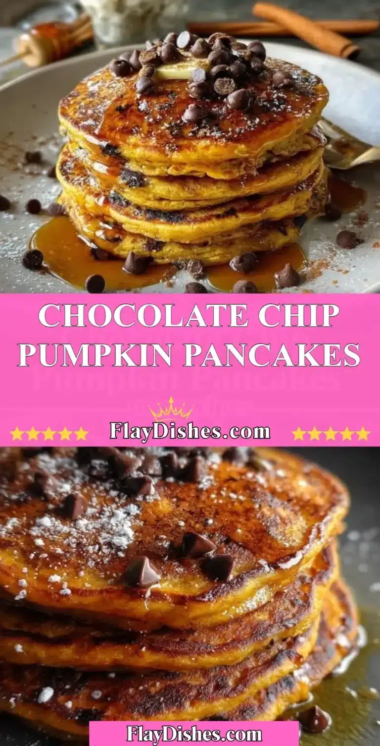 Chocolate Chip Pumpkin Pancakes 9 Delicious chocolate chip pumpkin pancakes stacked on a plate with syrup