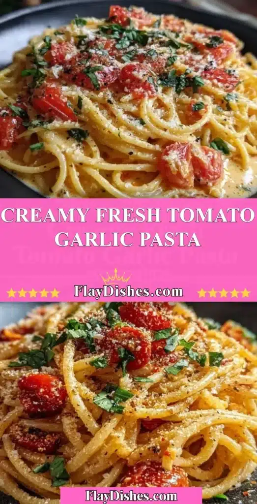 Creamy fresh tomato garlic pasta topped with herbs and cheese served in a bowl.