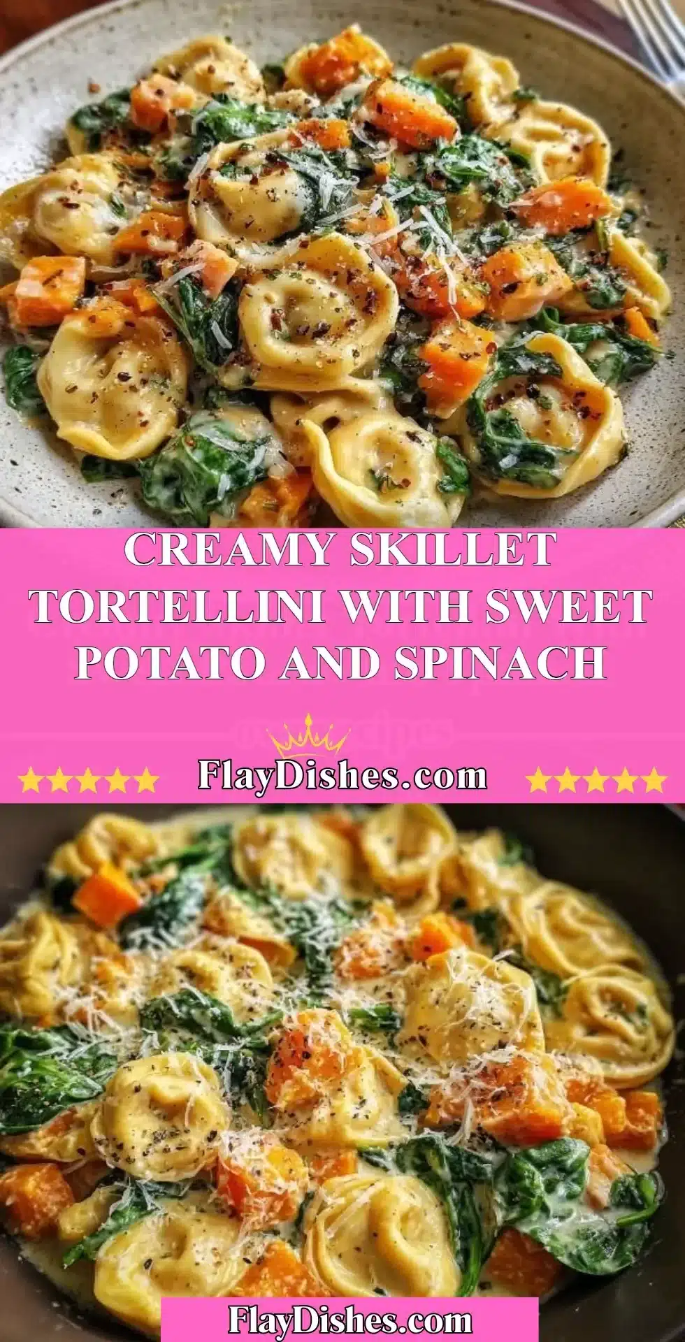 Creamy skillet tortellini with sweet potato and spinach in a pan