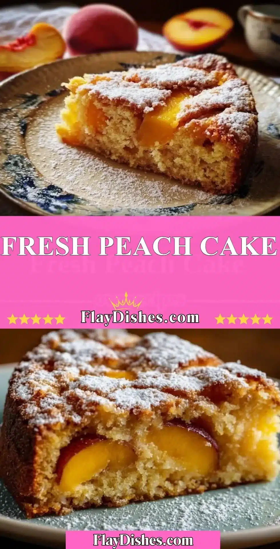 Fresh Peach Cake 2 Slice of fresh peach cake with vibrant peaches on top