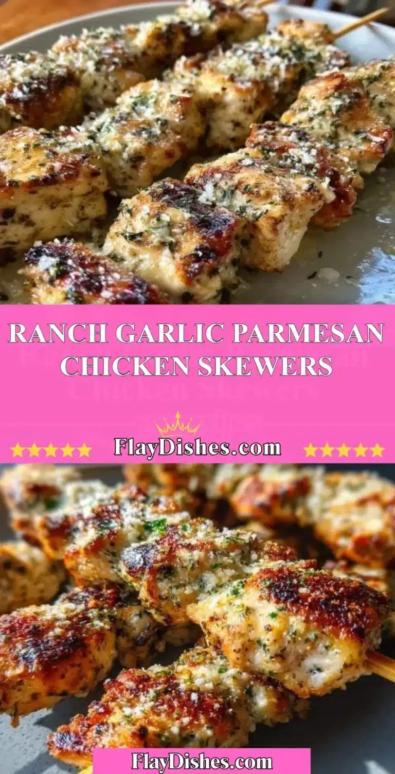 Ranch Garlic Parmesan Chicken Skewers 6 Ranch Garlic Parmesan Chicken Skewers on a platter garnished with herbs