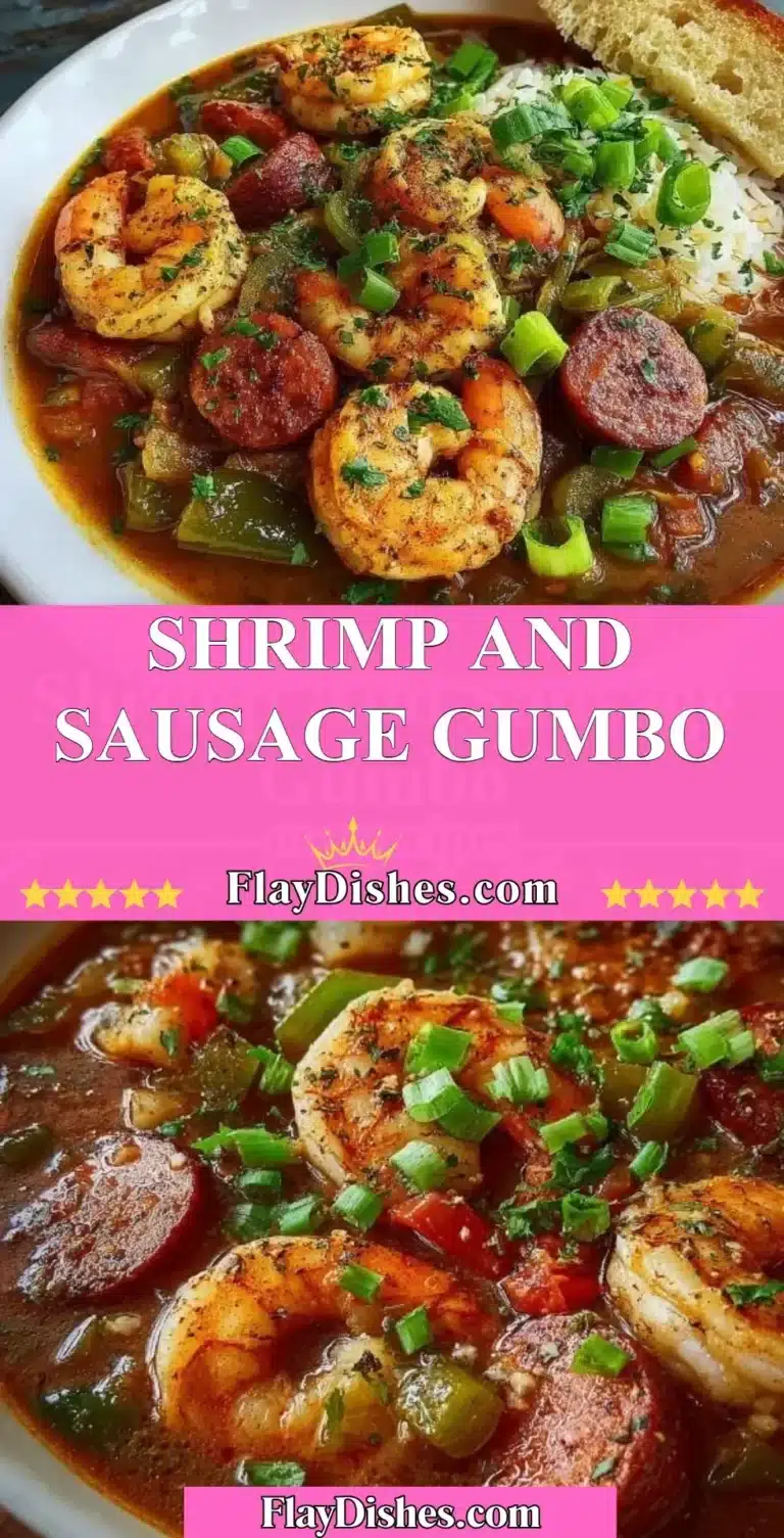 Delicious Shrimp and Sausage Gumbo served in a bowl with rice and herbs