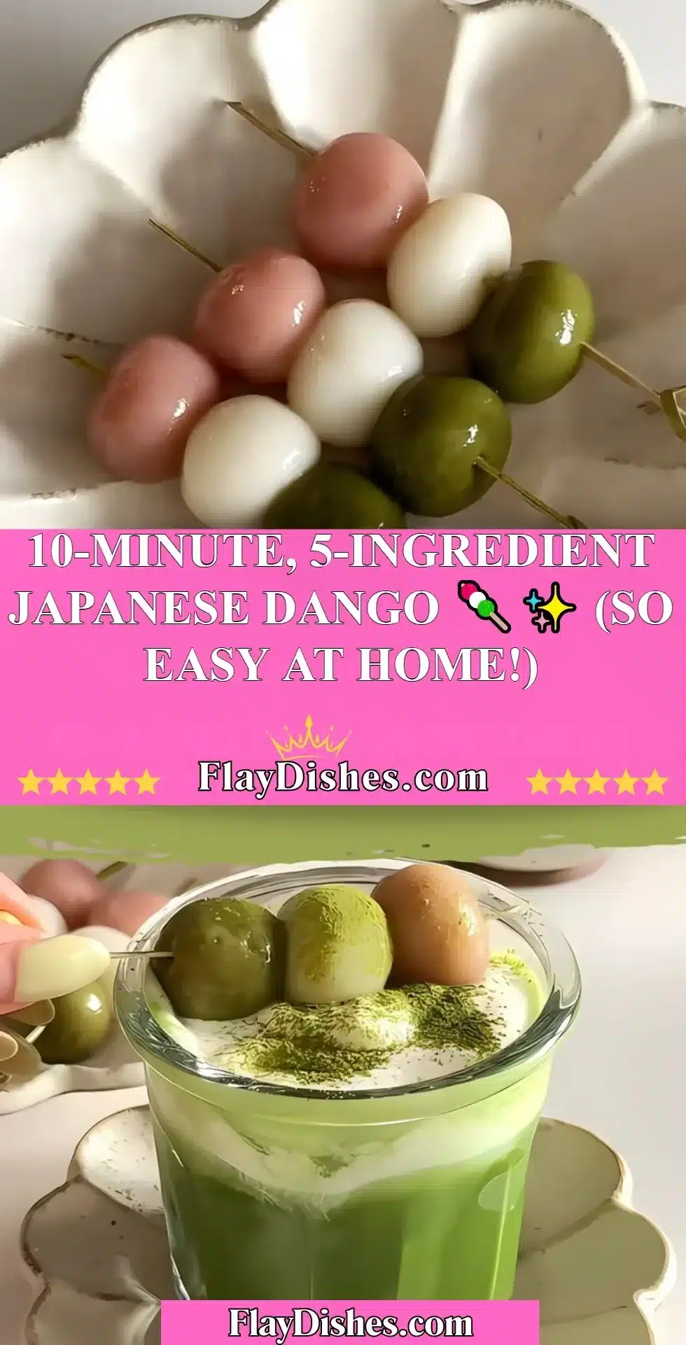 Homemade Japanese Dango with five ingredients, served on a stick.