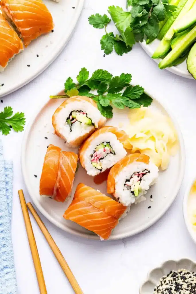 Delicious Alaska Roll sushi with fresh fish and creamy toppings