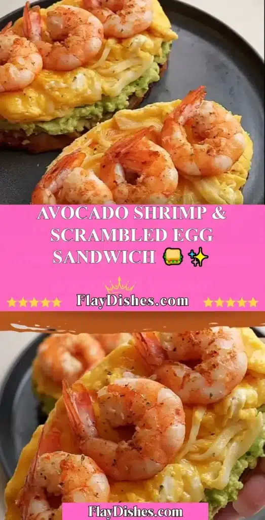 Avocado Shrimp Sandwich with scrambled eggs on a plate