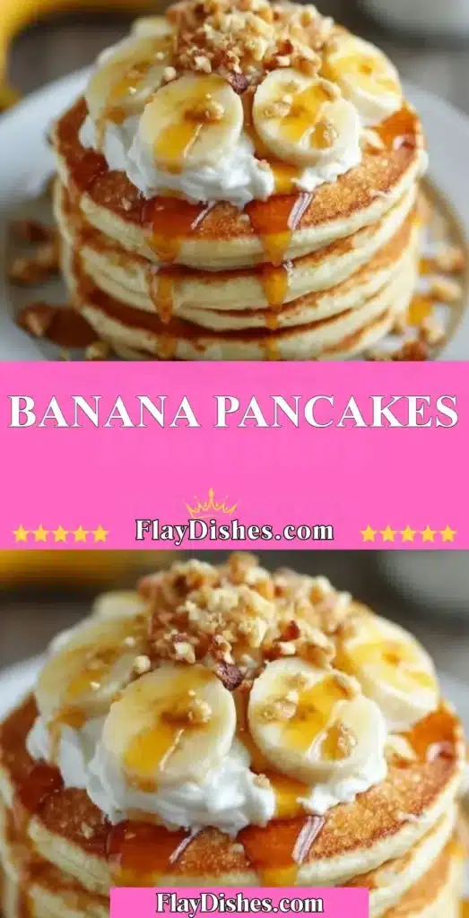Delicious banana pancakes stacked on a plate with syrup and fresh bananas