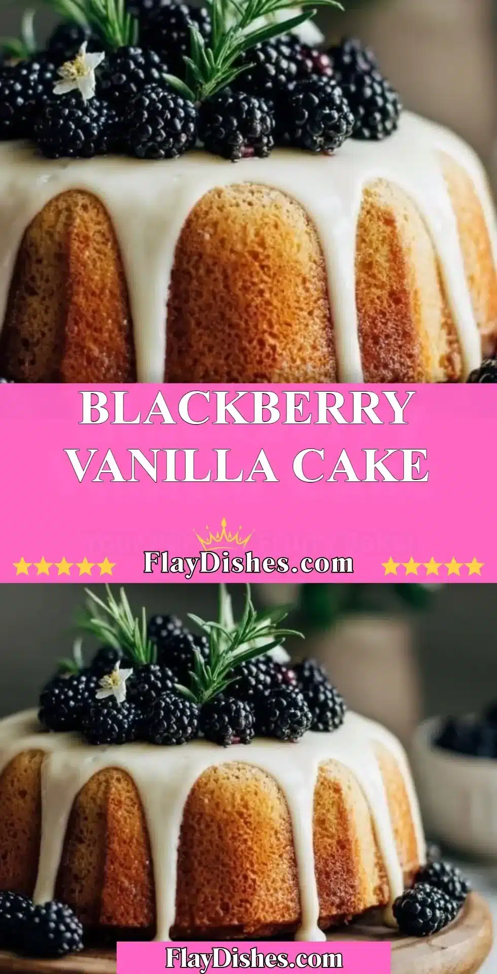 Slice of moist Blackberry Vanilla Cake topped with fresh blackberries