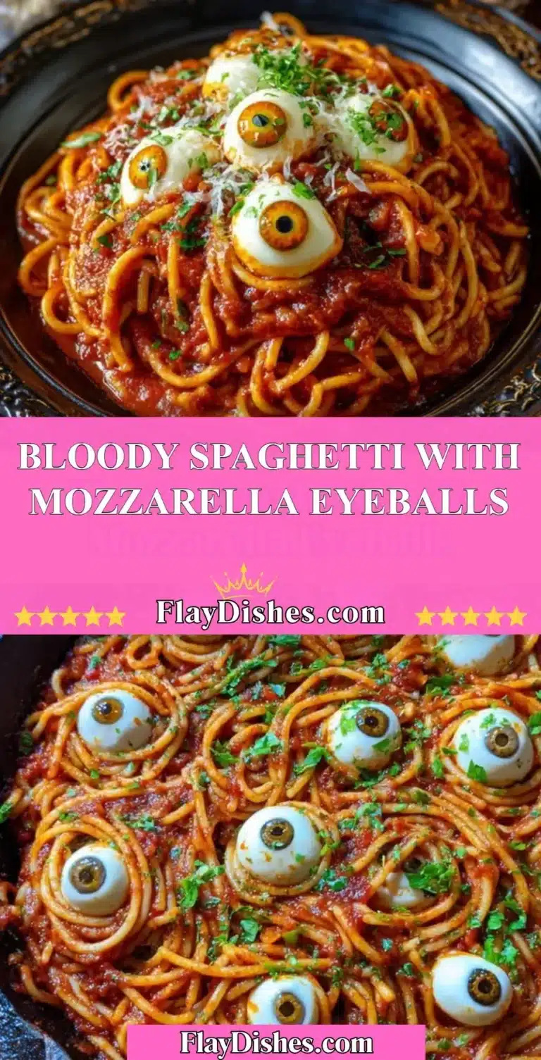 Spooky Bloody Spaghetti with Mozzarella Eyeballs on a plate, perfect for Halloween.