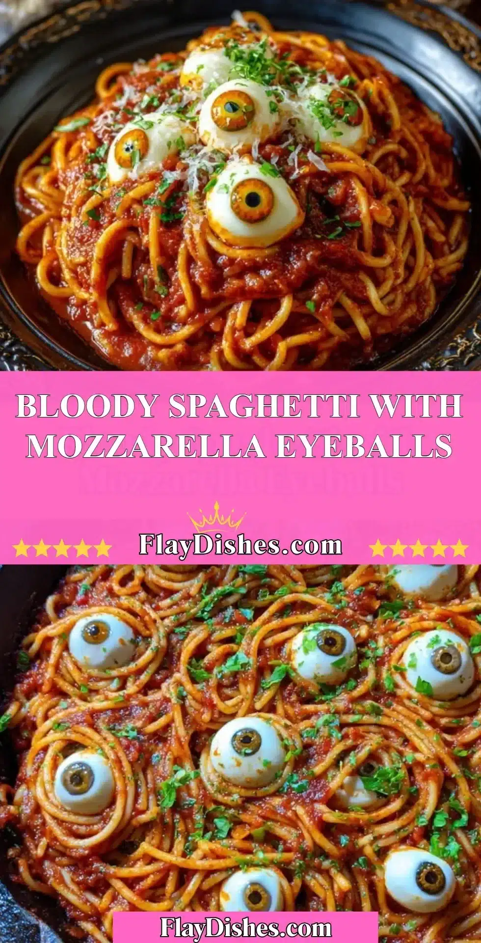 Spooky Bloody Spaghetti with Mozzarella Eyeballs on a plate, perfect for Halloween.