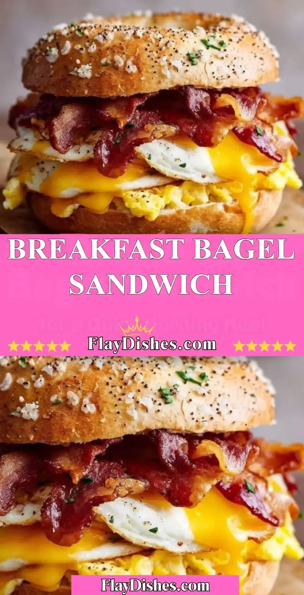 Delicious breakfast bagel sandwich with eggs, cheese, and bacon