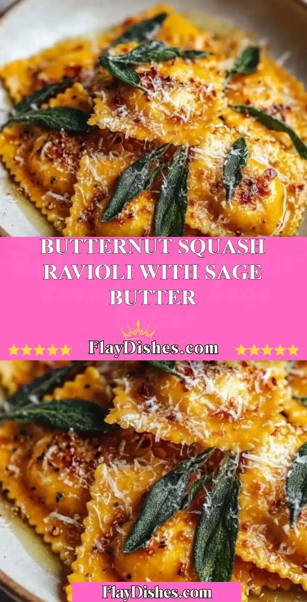 Delicious butternut squash ravioli topped with sage butter sauce