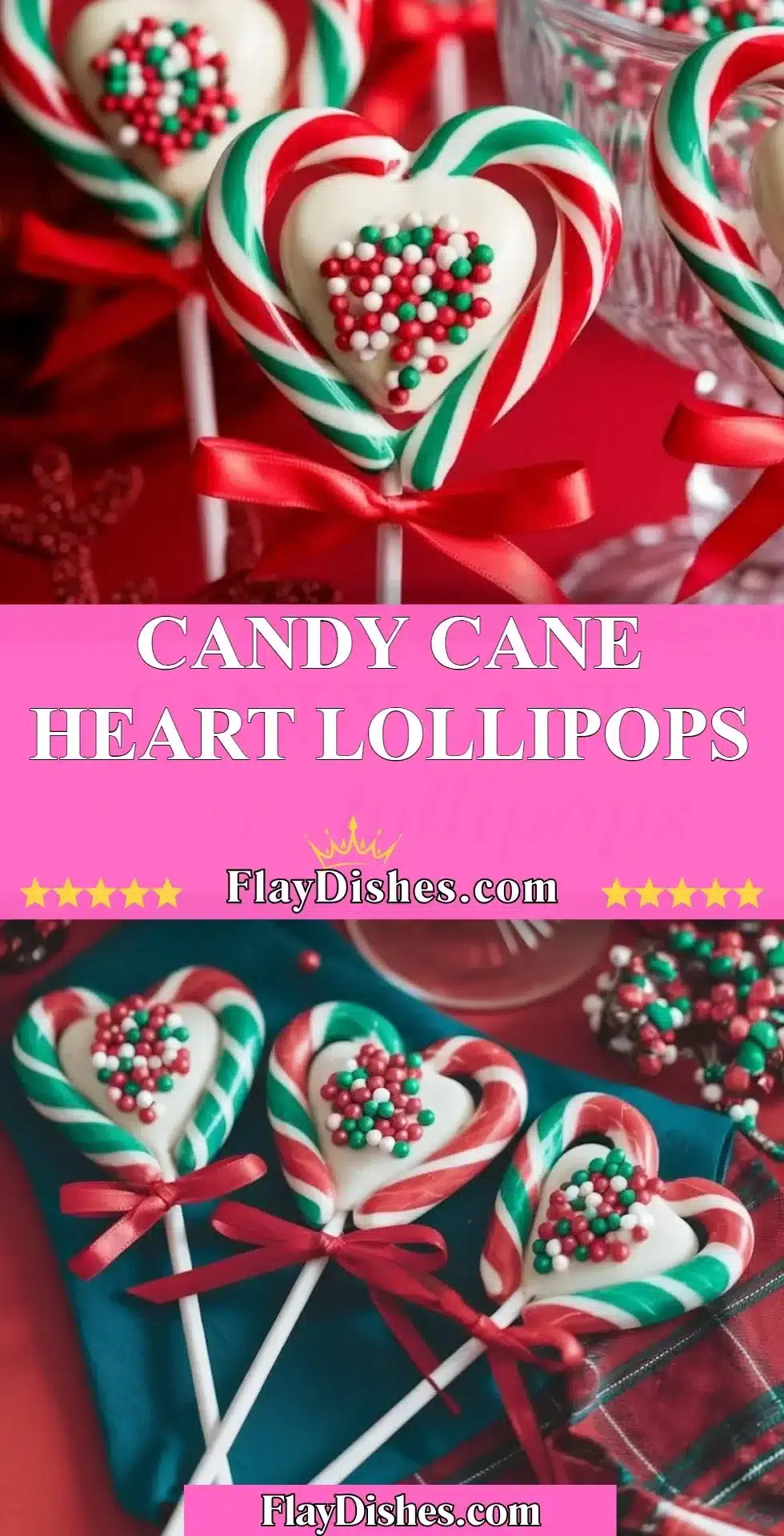 Candy cane heart lollipops in festive red and white colors