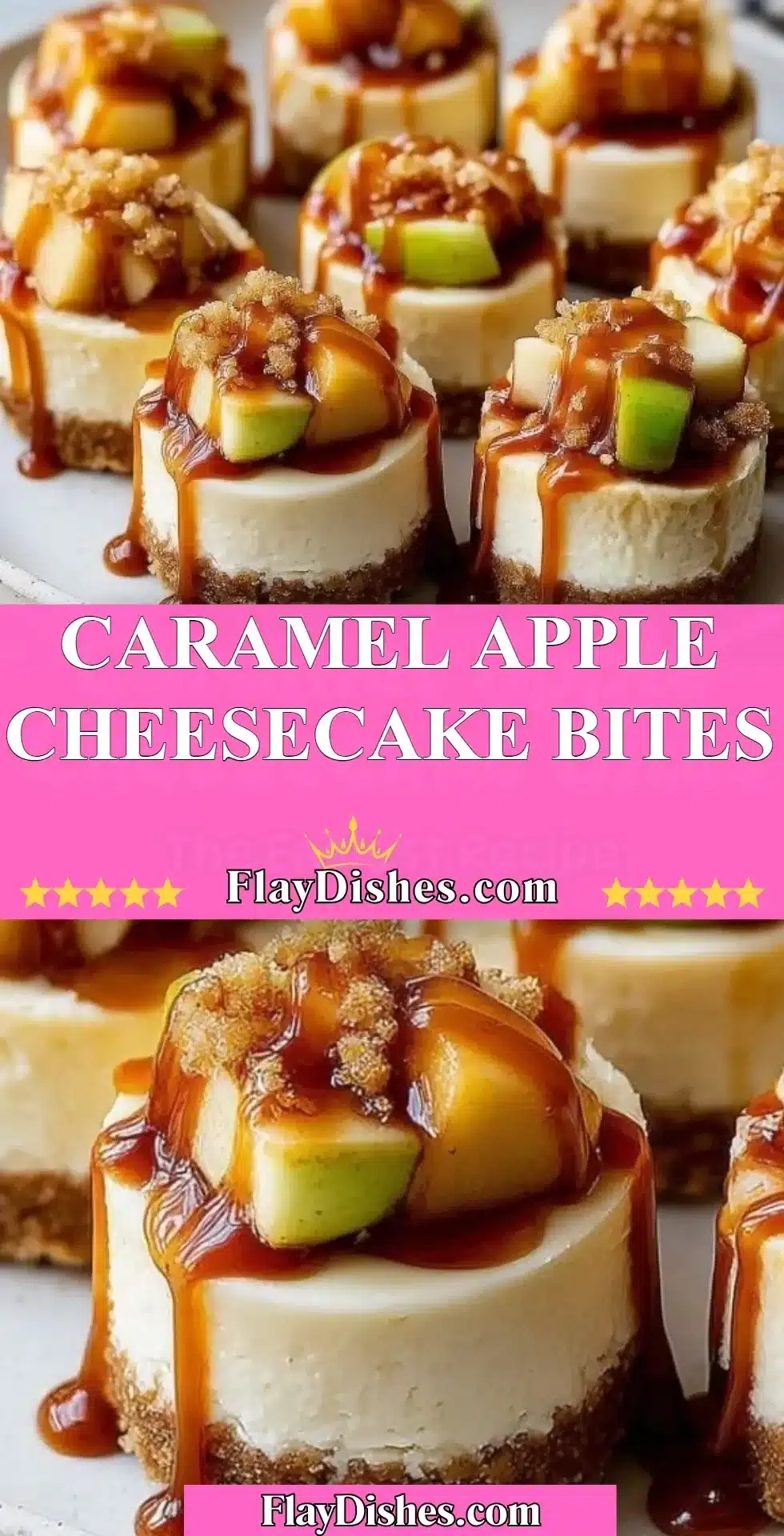 Caramel Apple Cheesecake Bites with drizzled caramel on top