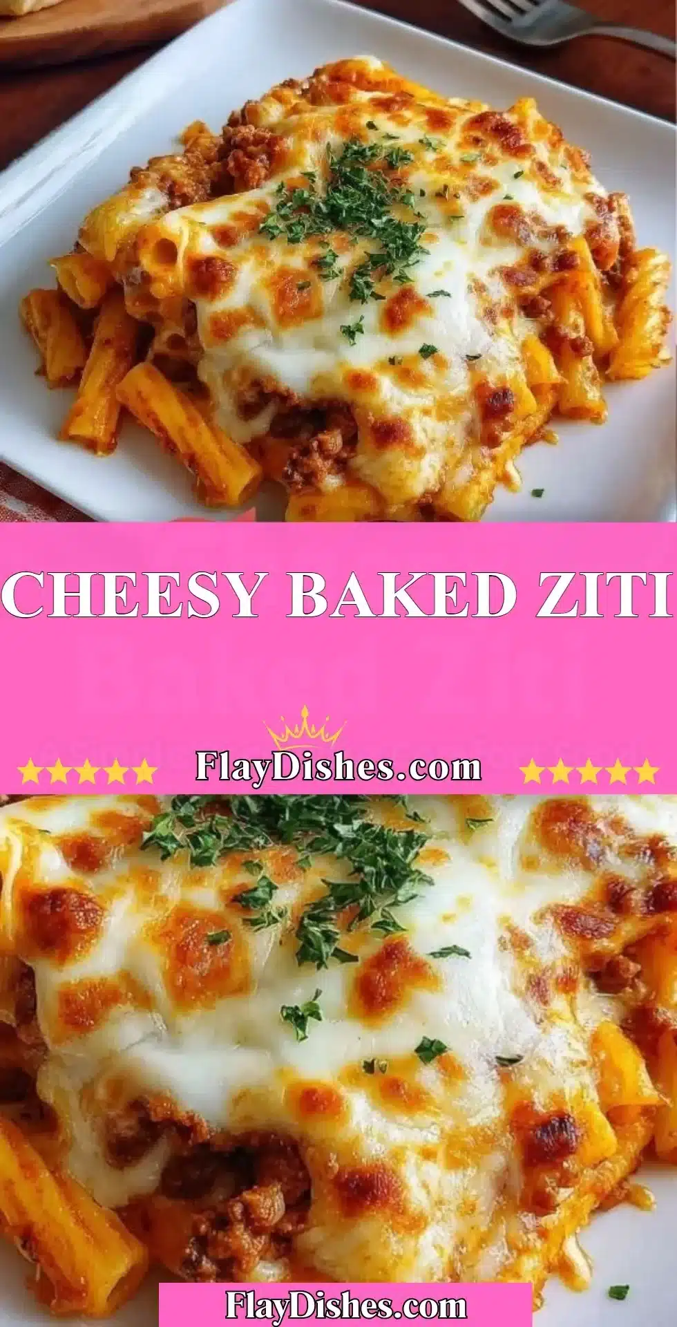 Cheesy Baked Ziti 2 Delicious cheesy baked ziti fresh out of the oven, topped with melted cheese