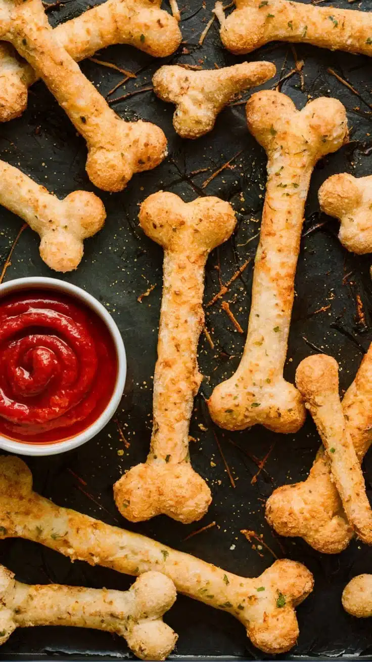 Cheesy Halloween Breadstick Bones 2 Cheesy Halloween breadstick bones shaped like skeleton bones