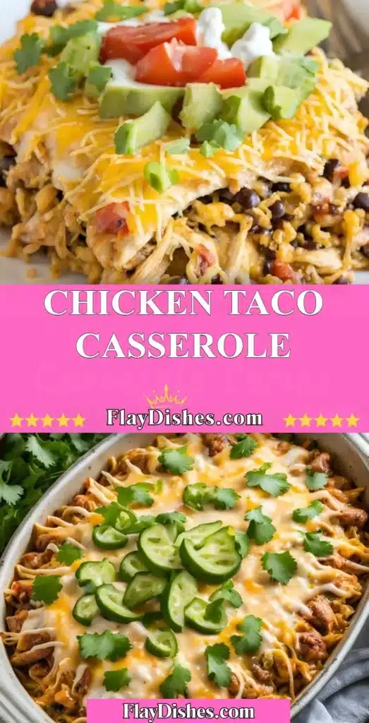 Delicious Chicken Taco Casserole topped with cheese and garnished with cilantro