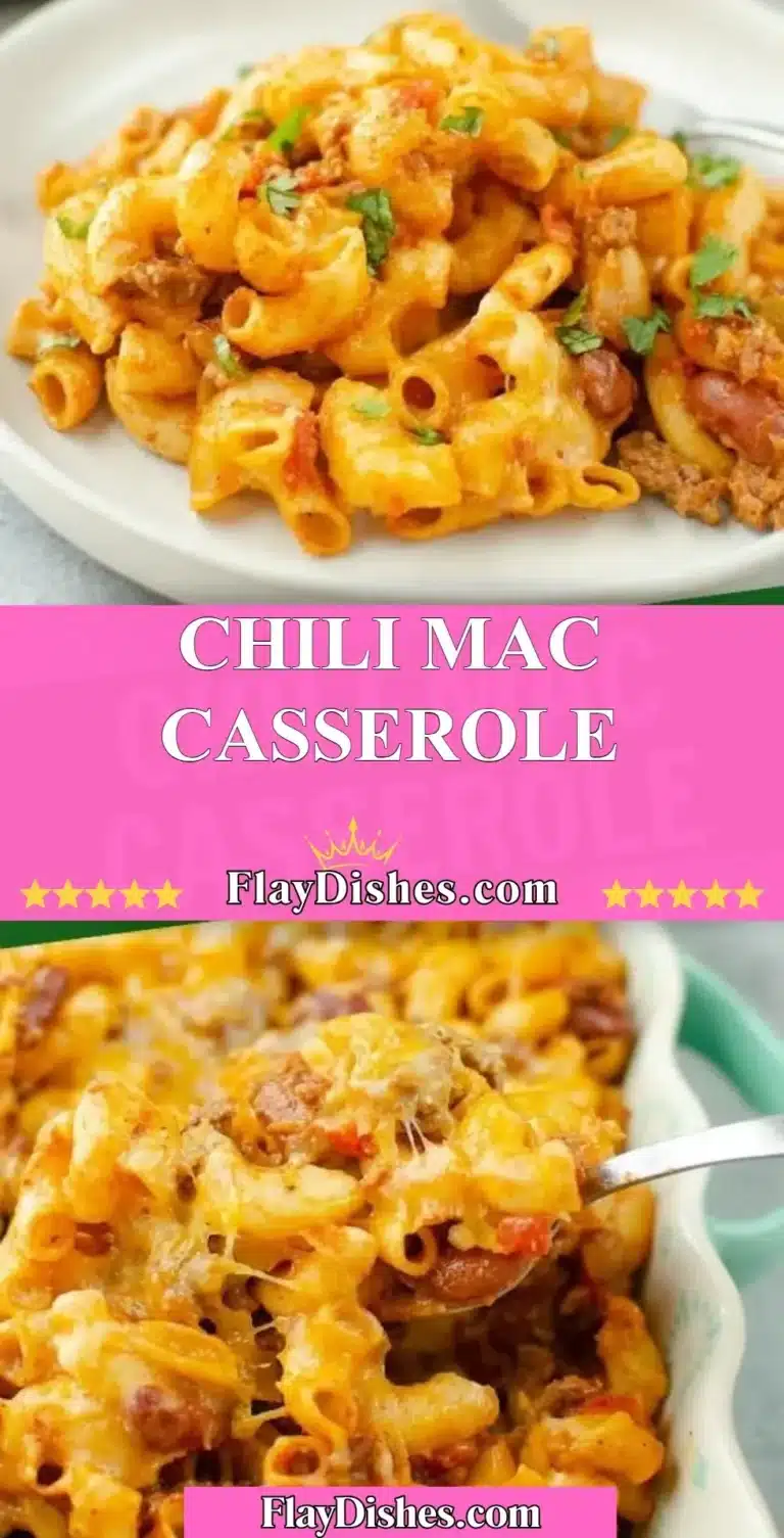 Baked Chili Mac Casserole in a dish, topped with cheese and herbs