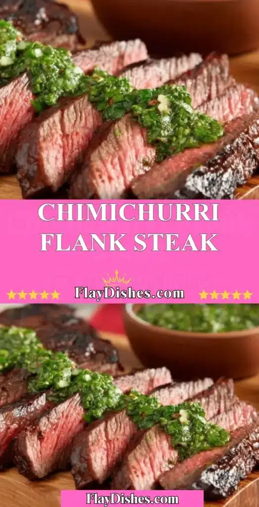 Grilled chimichurri flank steak garnished with fresh herbs and sauce.