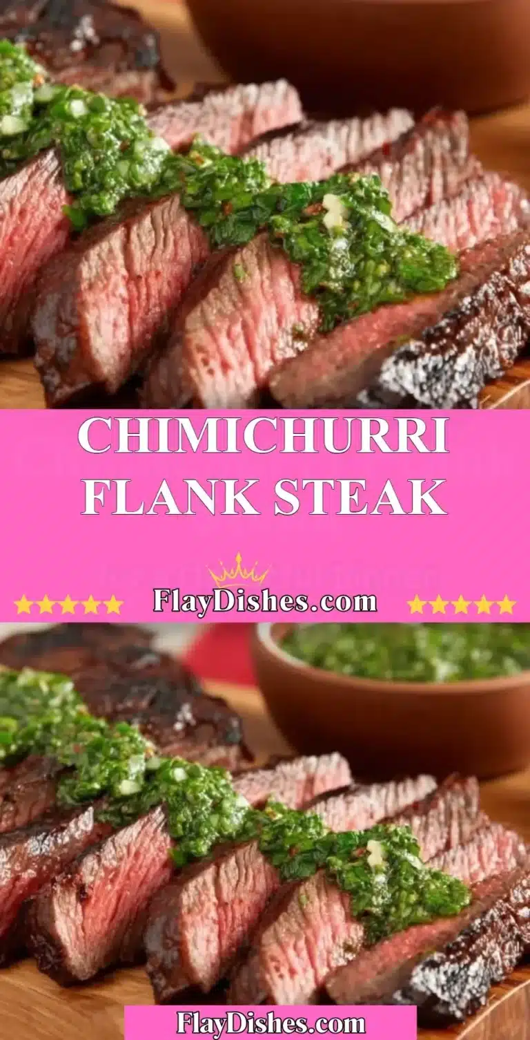 Grilled chimichurri flank steak garnished with fresh herbs and sauce.