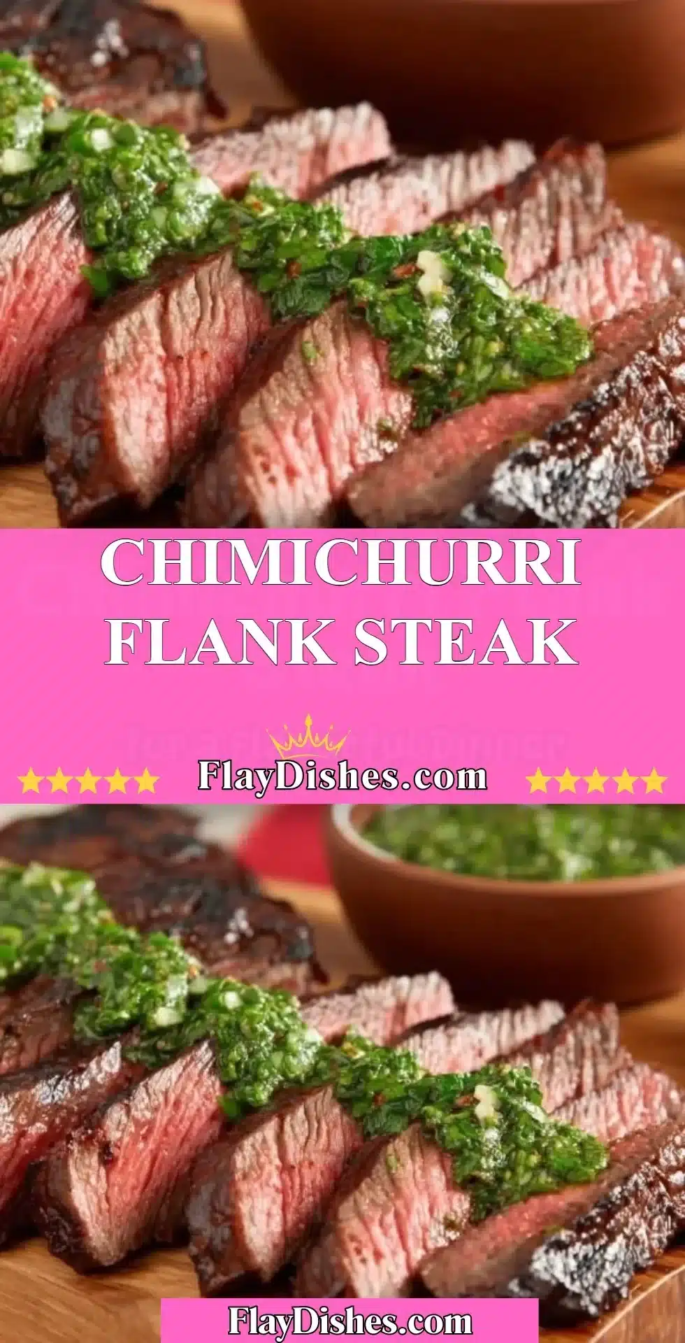 Chimichurri Flank Steak 2 Grilled chimichurri flank steak garnished with fresh herbs and sauce.