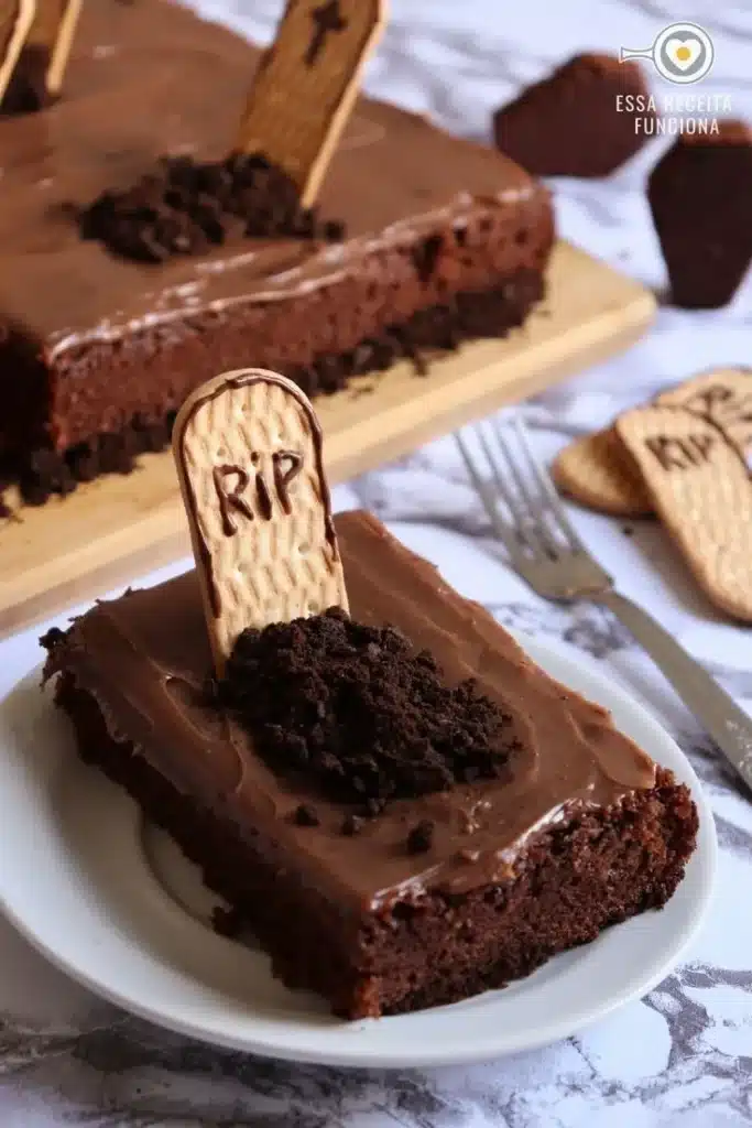 Halloween-decorated chocolate cake with spooky designs and festive themes