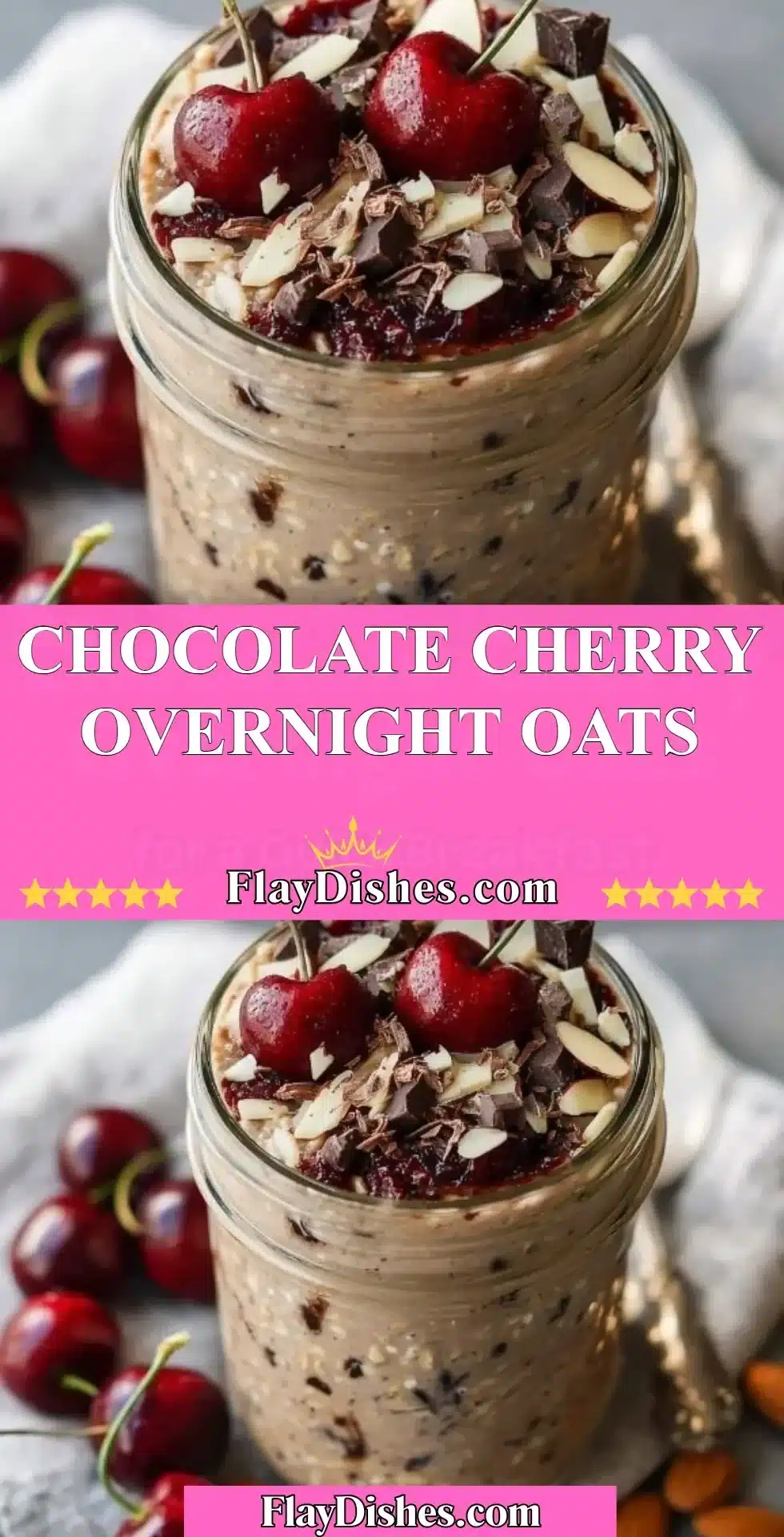 Bowl of chocolate cherry overnight oats topped with fresh cherries and chocolate chips.