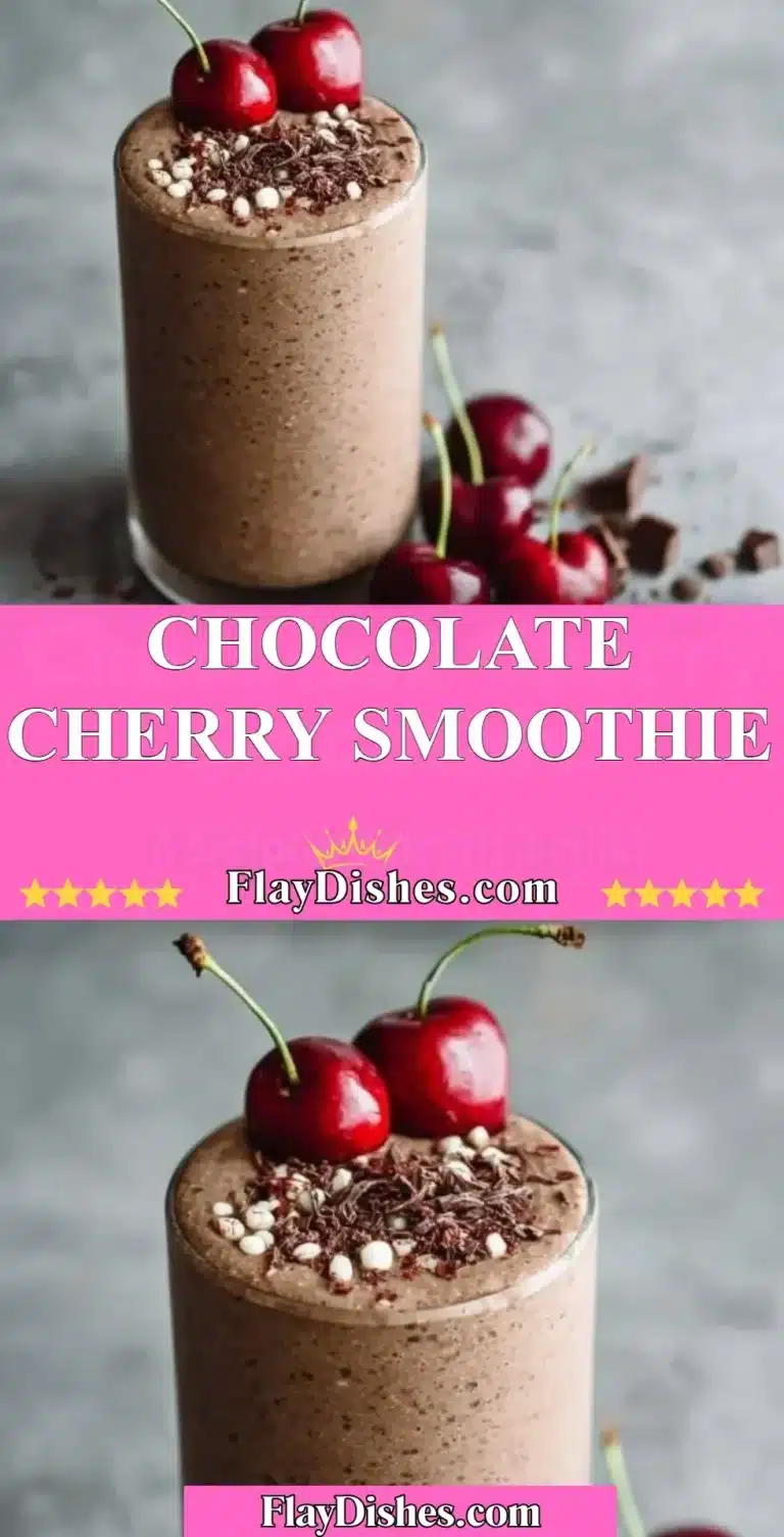 Delicious chocolate cherry smoothie in a glass with cherries and chocolate pieces