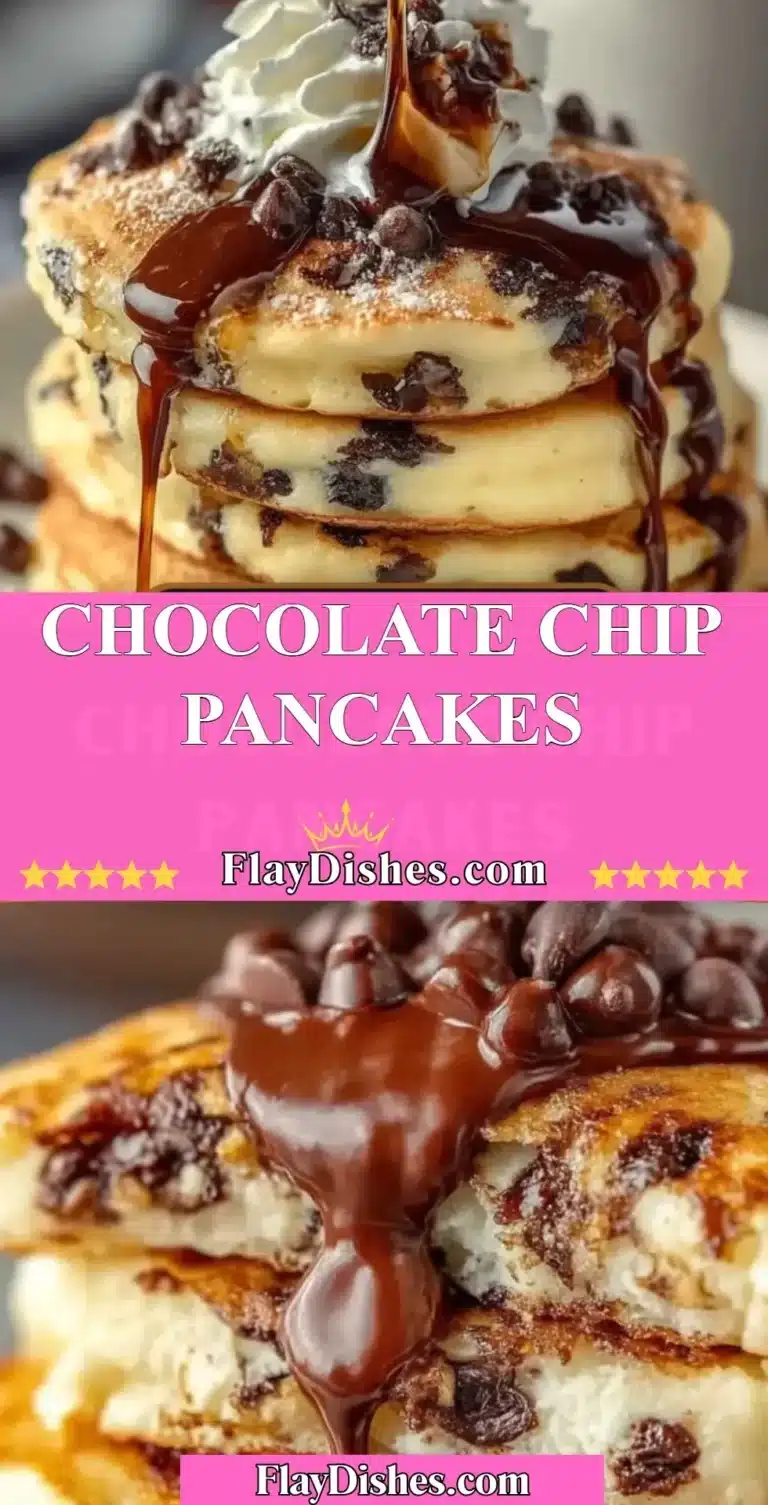 Fluffy chocolate chip pancakes stacked with syrup and chocolate chips