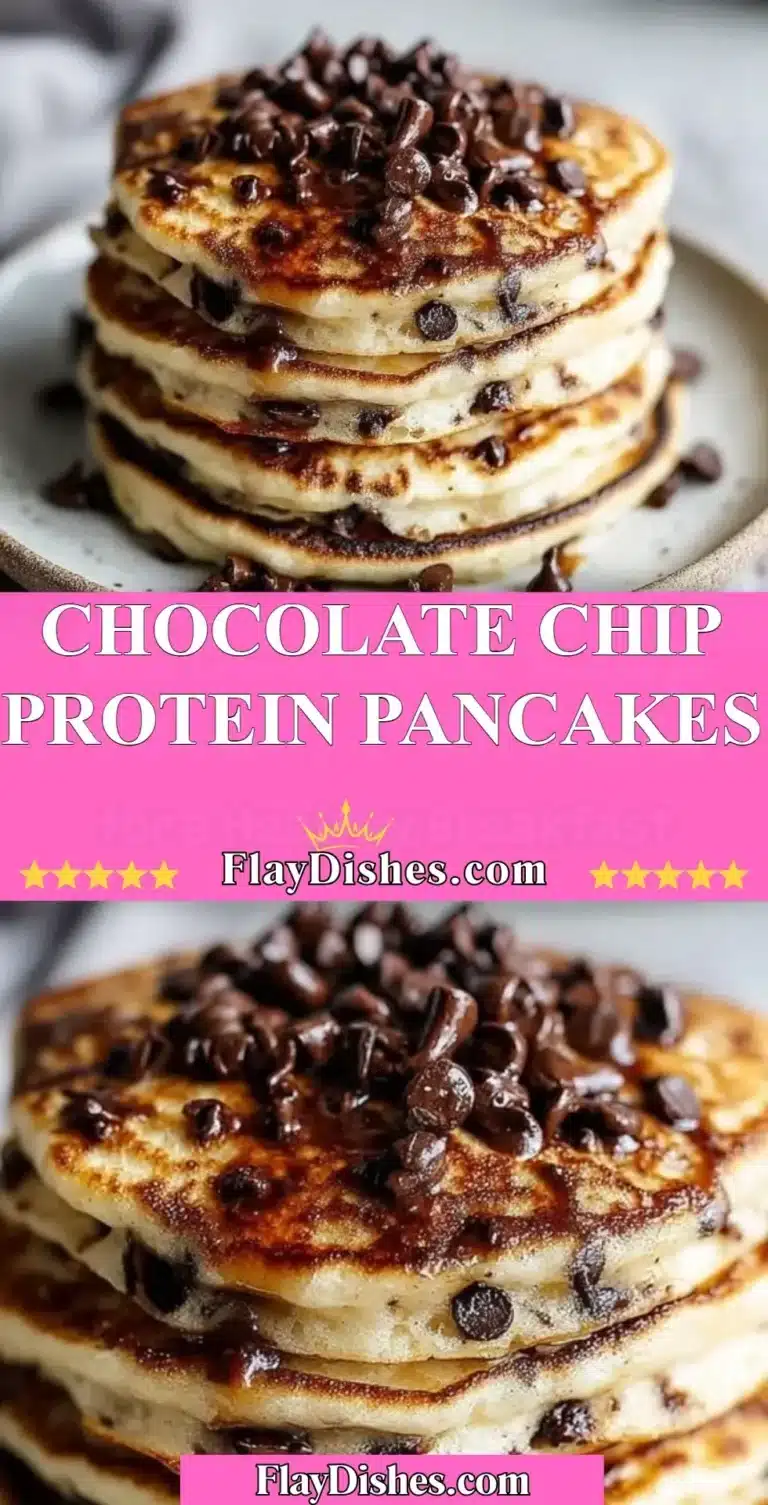 Chocolate Chip Protein Pancakes 5 Plate of chocolate chip protein pancakes topped with syrup and berries