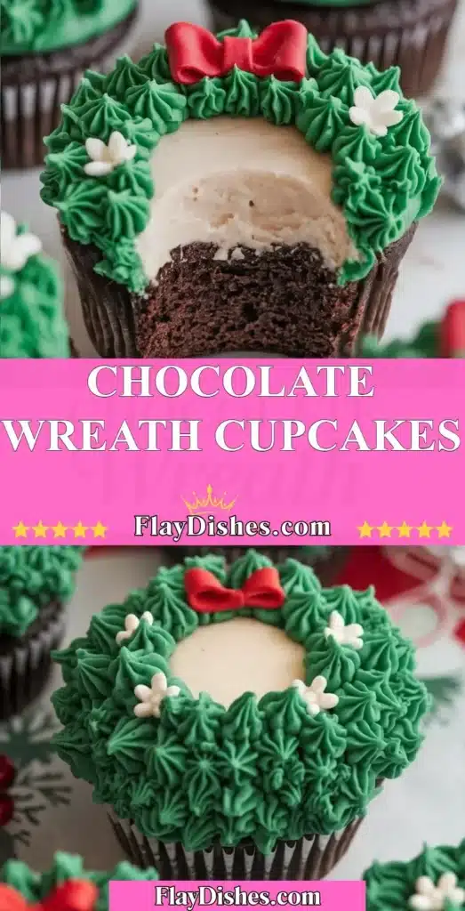 Chocolate Wreath Cupcakes decorated for the holidays