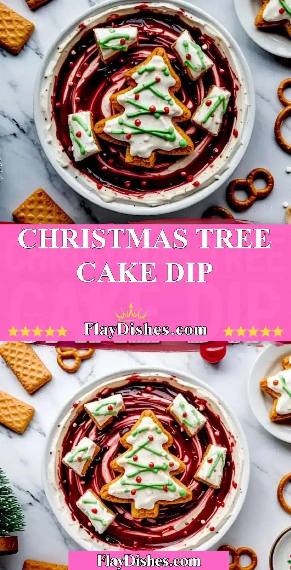 Festive Christmas Tree Cake Dip served in a bowl with sprinkles and holiday decorations