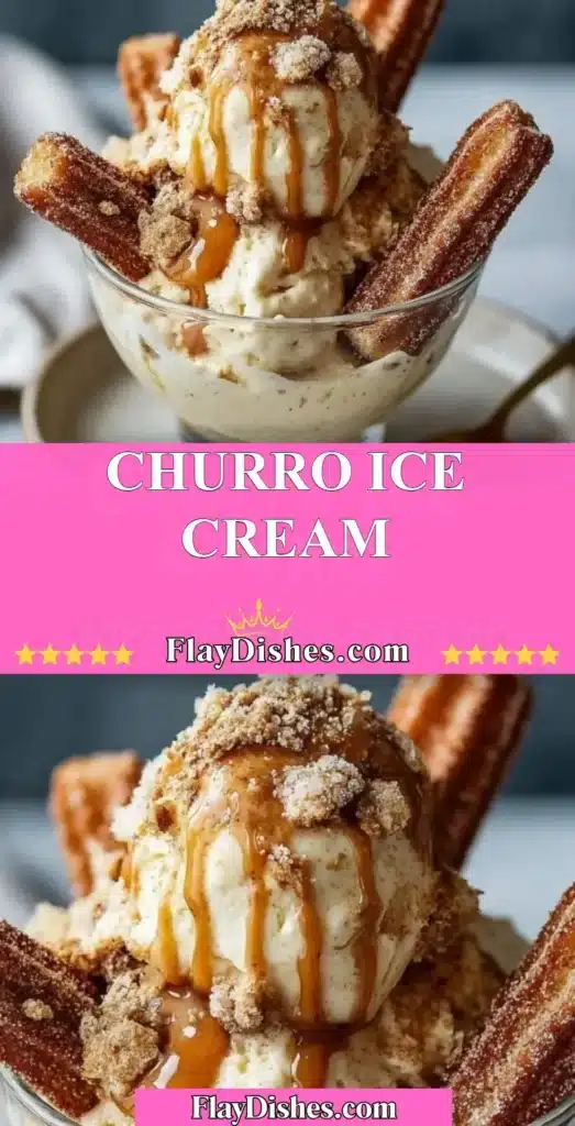 Delicious churro ice cream topped with caramel and cinnamon