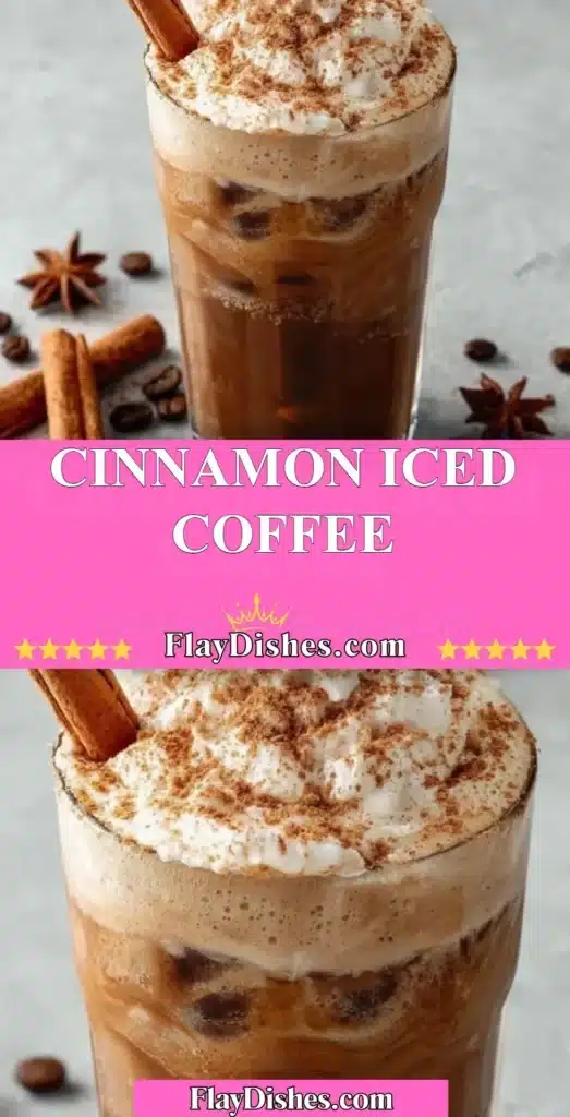 A refreshing glass of cinnamon iced coffee topped with cinnamon stick and ice cubes