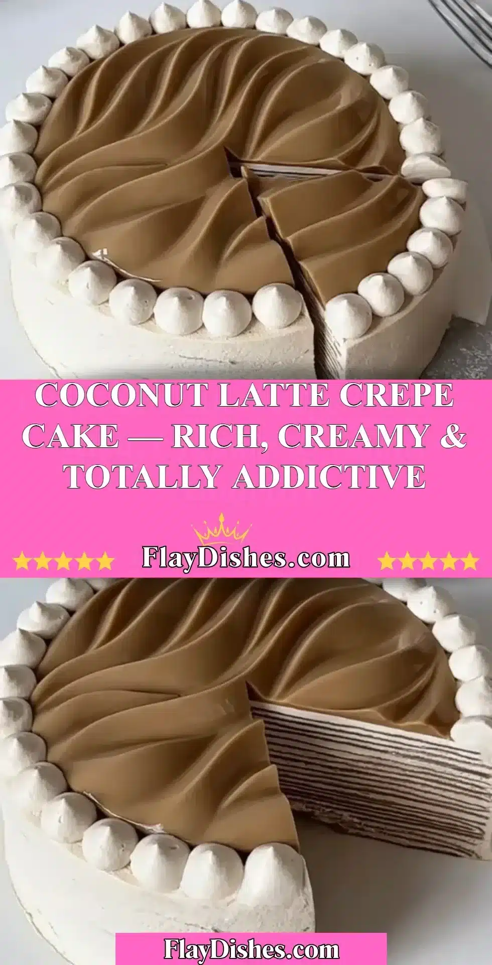 A slice of Coconut Latte Crepe Cake topped with coconut flakes and coffee drizzle.