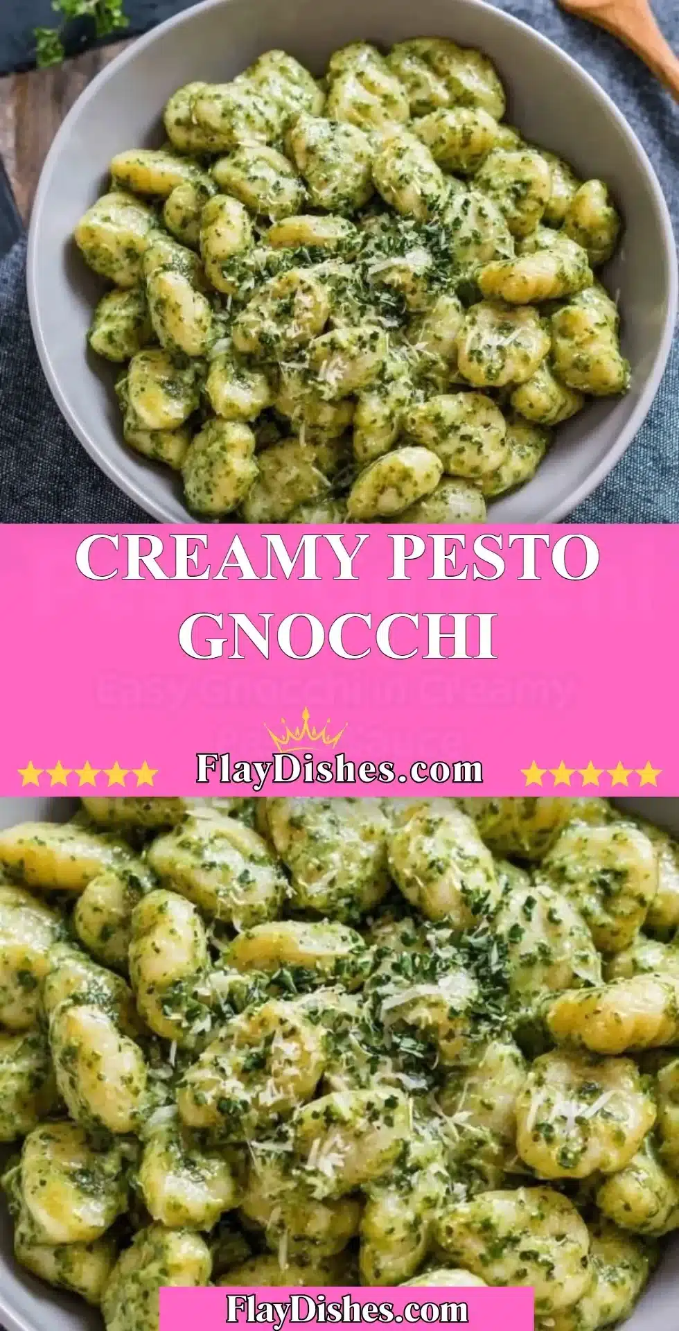 Creamy pesto gnocchi topped with fresh basil and parmesan cheese