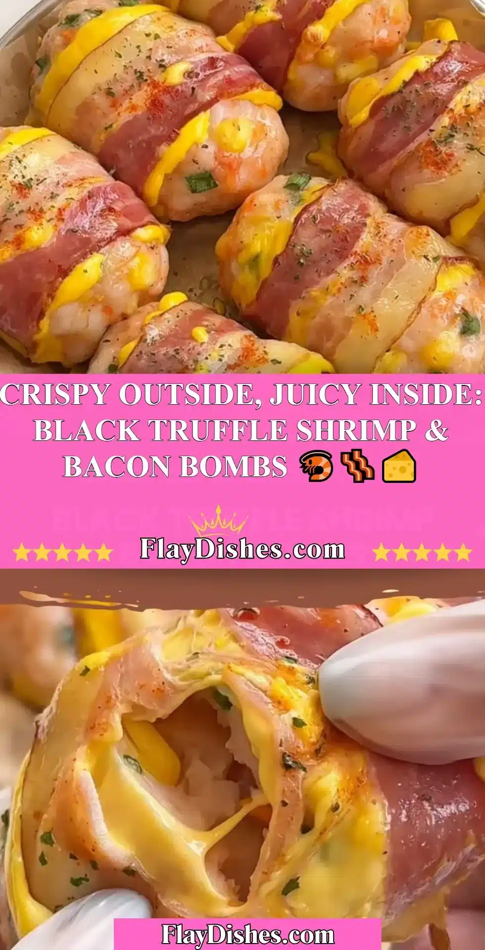 Black truffle shrimp and bacon bombs served on a plate with cheese and herbs