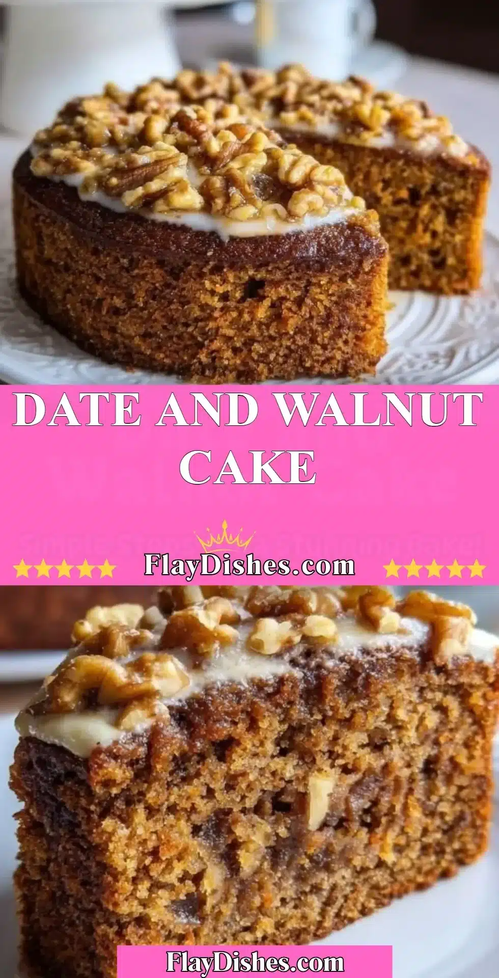 Delicious homemade Date and Walnut Cake with dates and walnuts on a plate