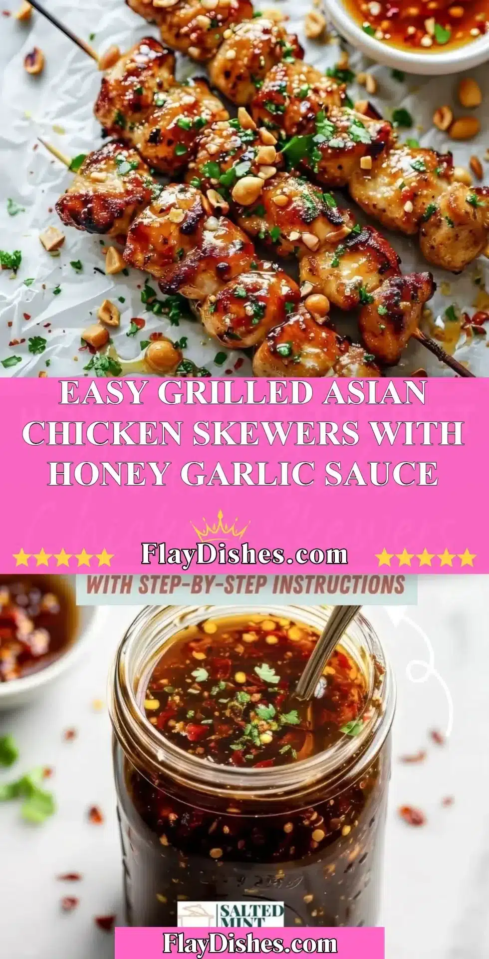 Delicious easy grilled Asian chicken skewers with honey garlic sauce on a platter