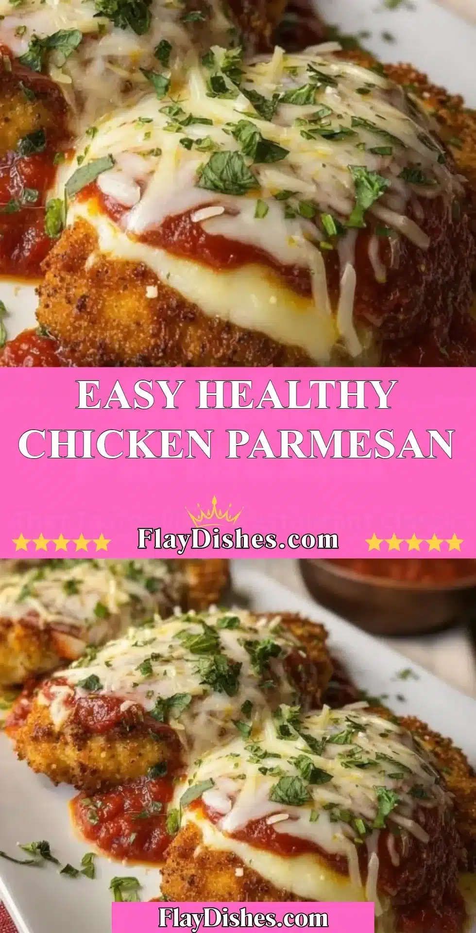 Healthy chicken parmesan dish served with salad and pasta