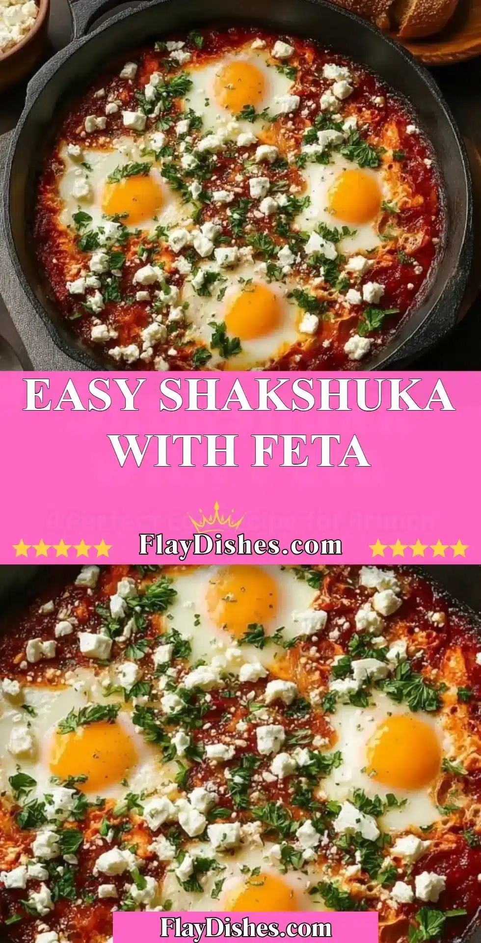 Easy Shakshuka with Feta served in a skillet, featuring vibrant tomatoes and poached eggs.
