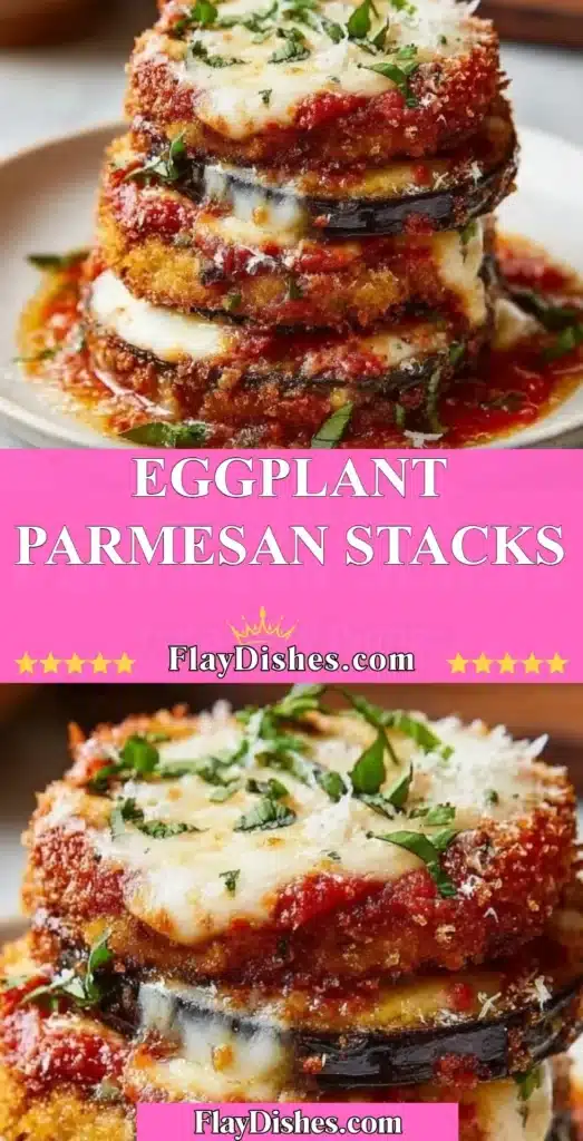 Layers of Eggplant Parmesan Stacks topped with marinara and melted cheese