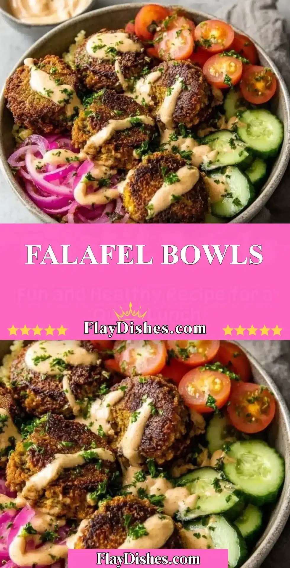 Falafel Bowls 2 A colorful falafel bowl topped with fresh vegetables and sauce.