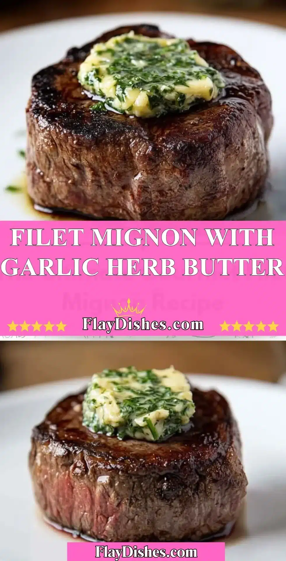 Juicy filet mignon steak topped with garlic herb butter, served on a plate.