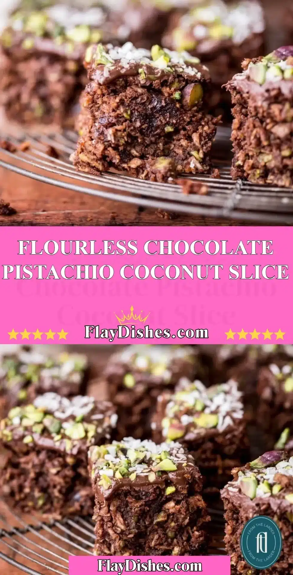 Flourless chocolate pistachio coconut slice on a white plate