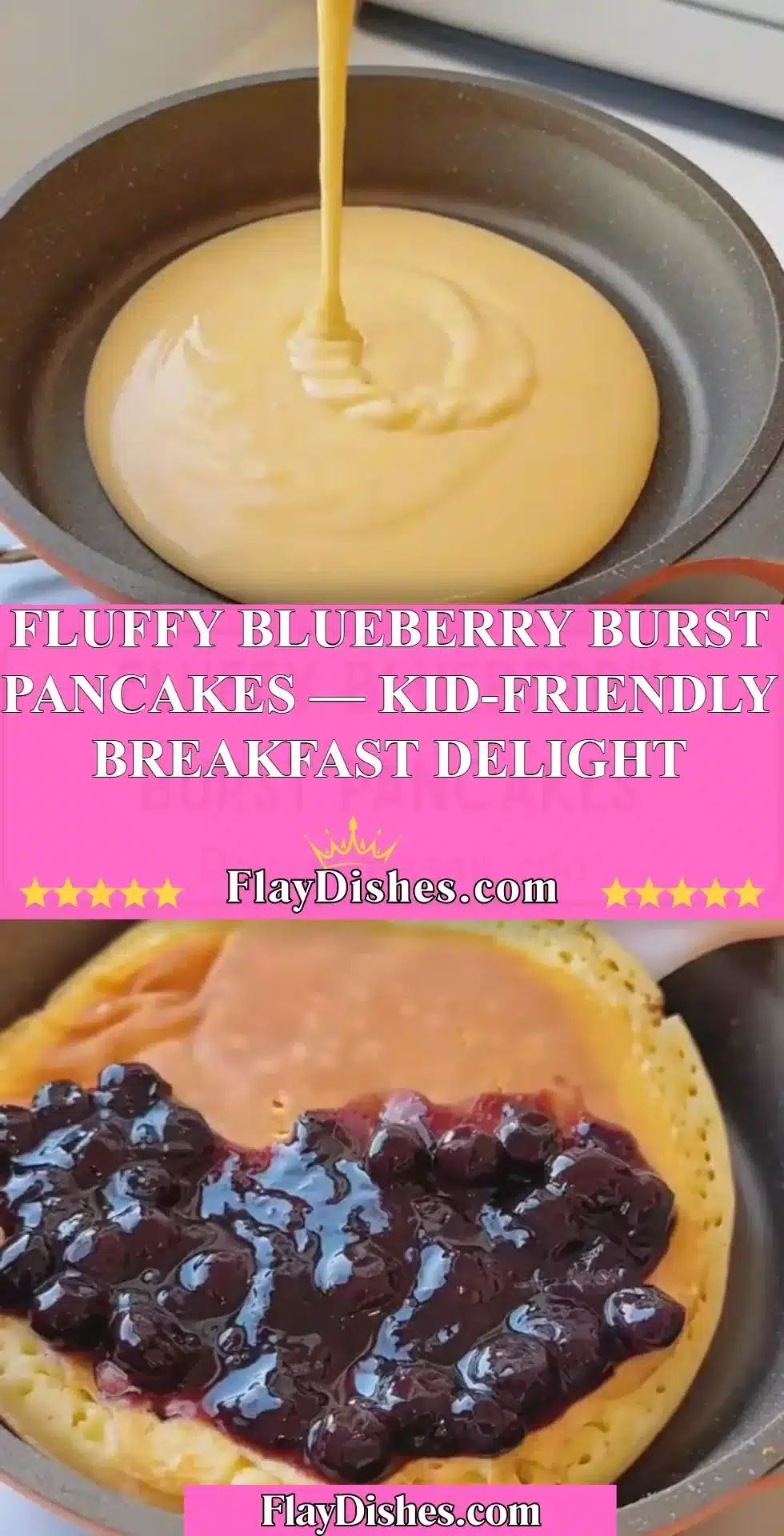 Stack of fluffy blueberry pancakes with syrup and fresh blueberries on a plate