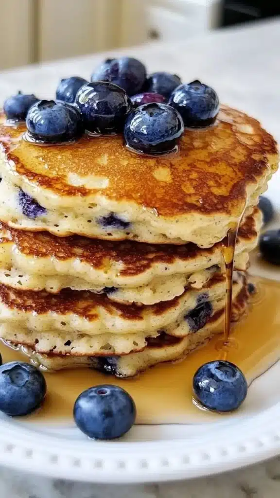 Delicious fluffy blueberry pancakes topped with fresh blueberries and syrup
