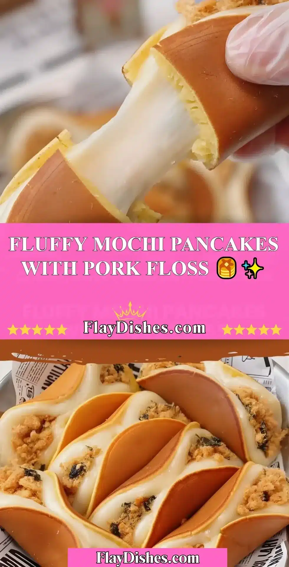 Fluffy mochi pancakes served with pork floss on top, showcasing a delicious breakfast dish.