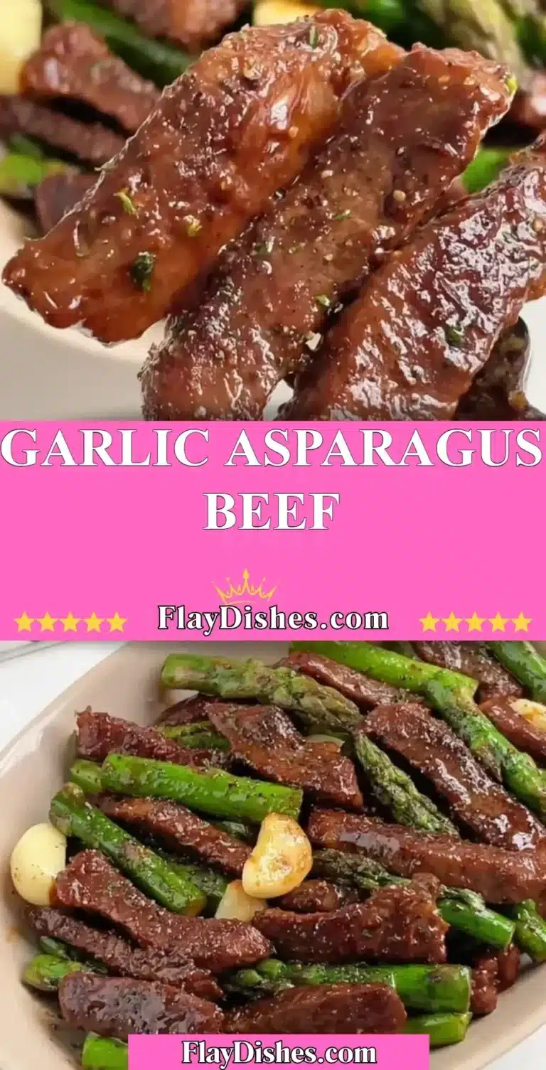 Delicious garlic asparagus beef dish served on a white plate